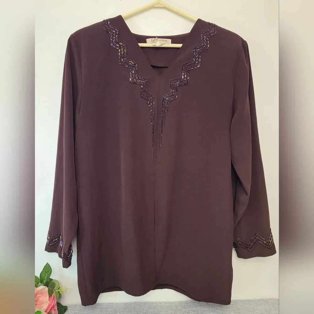 Jacques Vert‎ Brown Bead Embellished Zig Zag Blouse, Size 10 US
